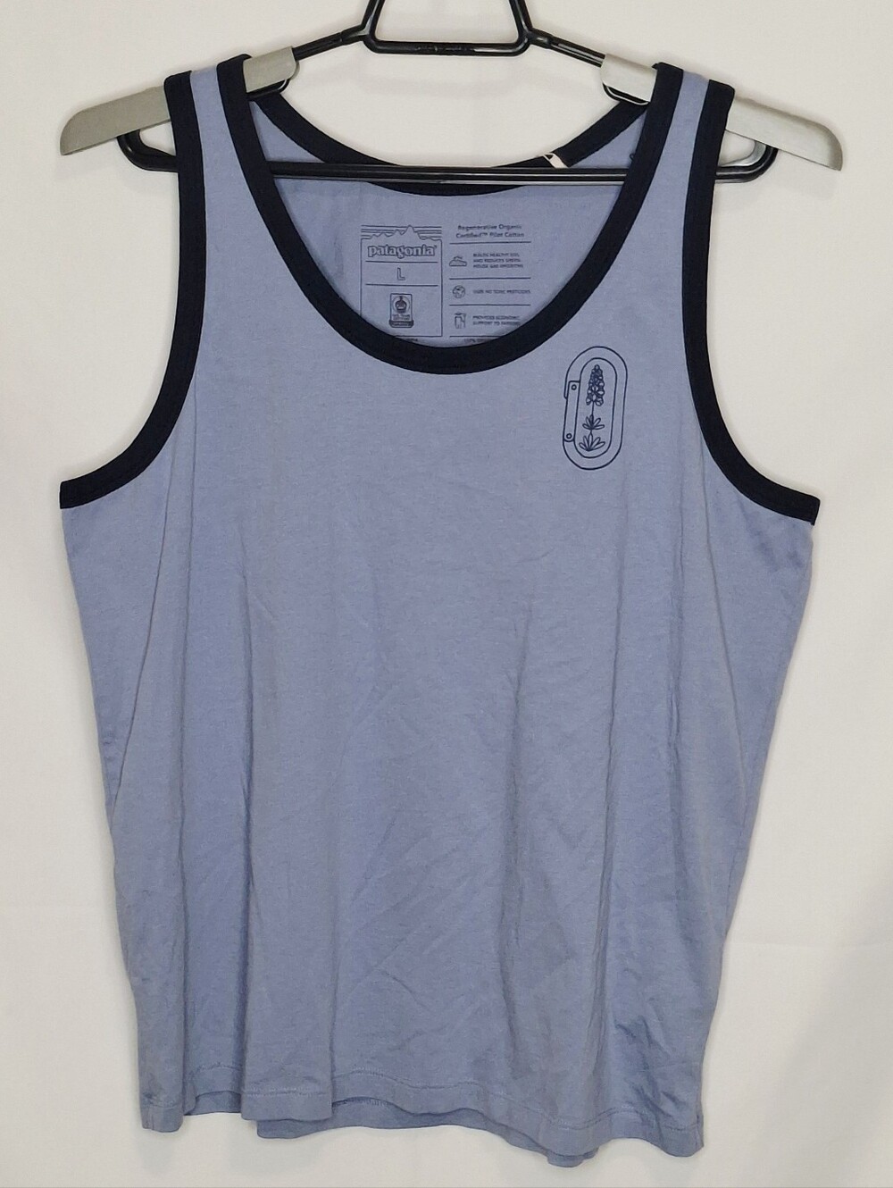 Patagonia Clean Climb Pale Blue Tank with Navy Neck Trim and Logo Size Large